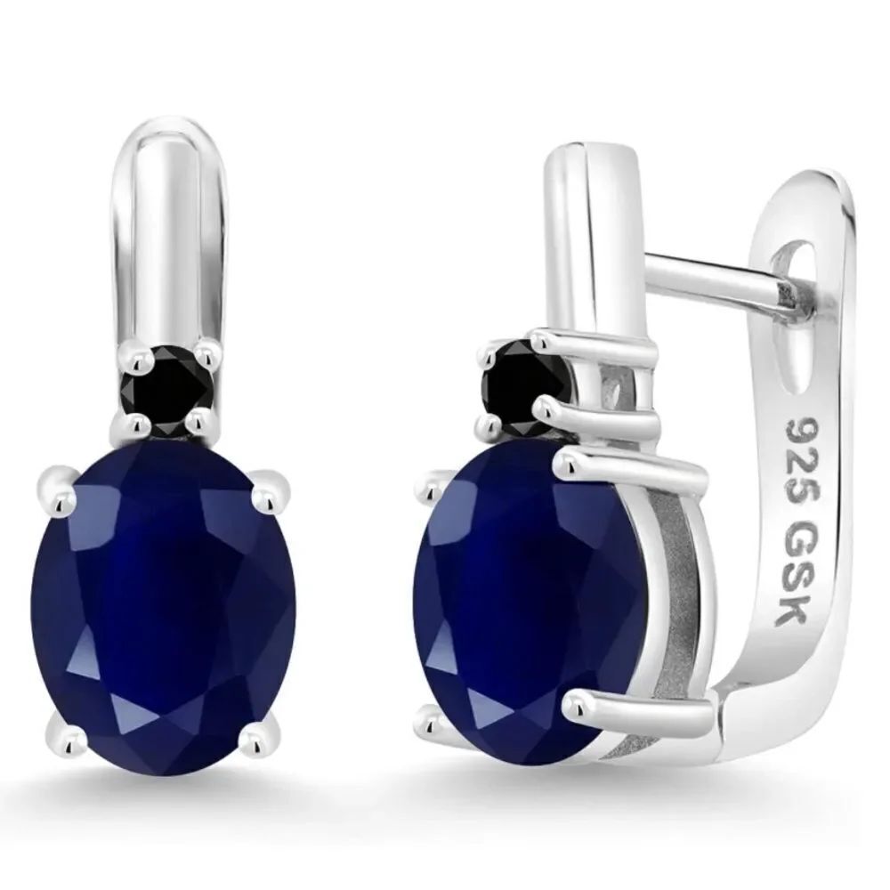 925 Sterling Silver with 5.13 Cttw Navy Blue Sapphire and Black Diamond Earrings